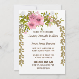 Pink Anemone Golden Leaves Wedding Invitation