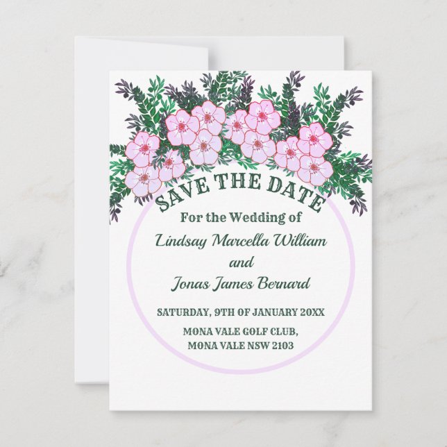 Pink anemone Greenery Floral Save The Date (Front)