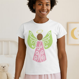 Pink Angel Green Swirl Wings Spiritual Decorative T-Shirt