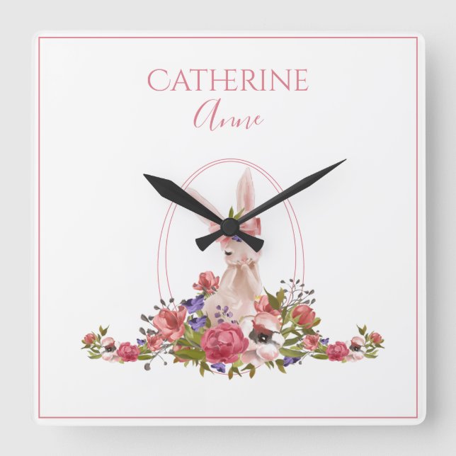 Pink Animal Bunny Floral Girly Name Square Wall Clock (Front)