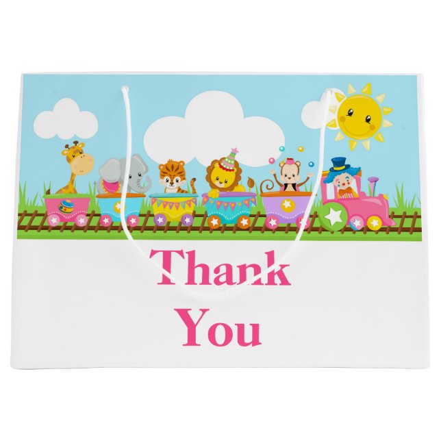 Pink Animal Circus Train Kids Birthday Thank You Large Gift Bag (Front)
