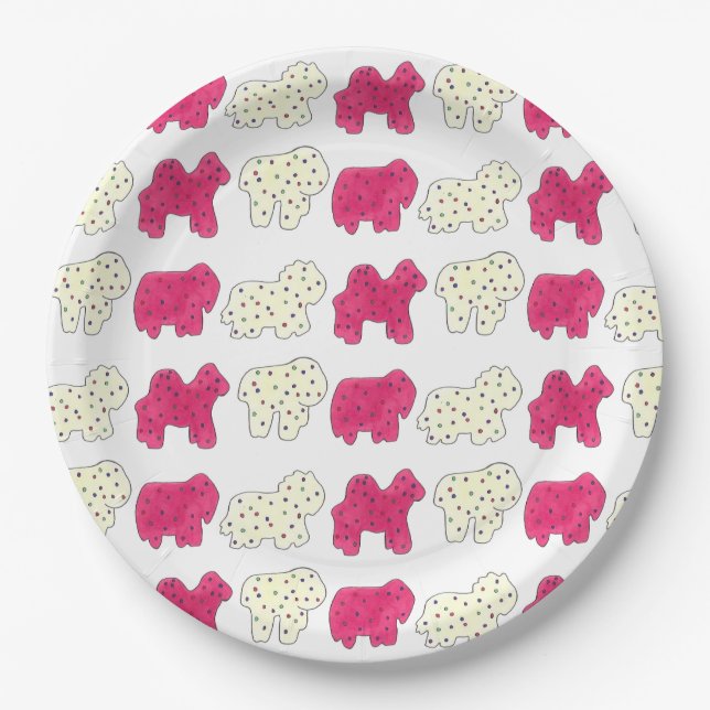 Pink Animal Crackers Cookies Circus Birthday Party Paper Plate (Front)