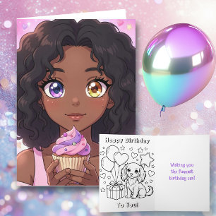 Pink Anime Girl's Birthday and Colouring Page Card