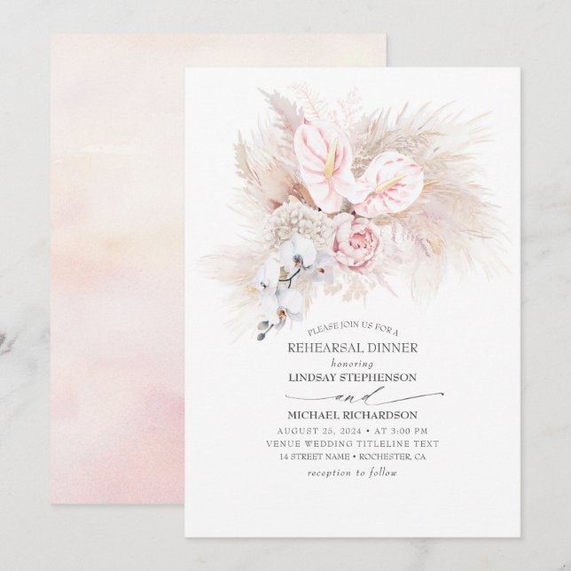 Pink Anthurium and Pampas Grass Rehearsal Dinner Invitation (Front/Back)
