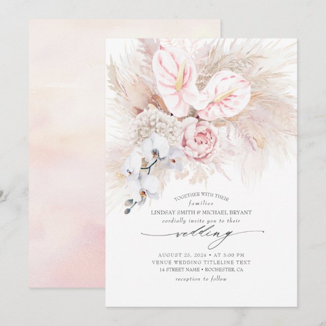 Pink Anthurium Orchids and Pampas Grass Wedding Invitation (Front/Back)