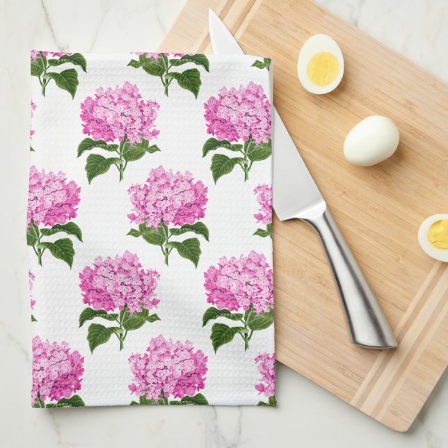 Pink Antique Hydrangea Illustration Pattern Kitchen Towel (Quarter Fold)