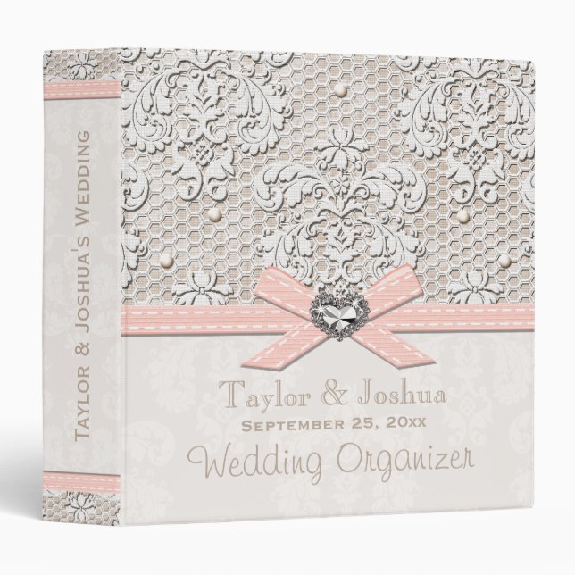 Pink Antique Lace and Pearls Wedding Organizer Binder (Front/Spine)