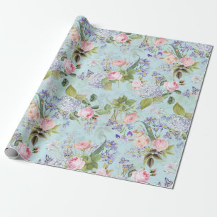 Pink Antique Redouté Roses Bouquets on blue Wrapping Paper