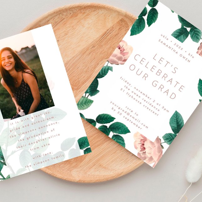 Pink Antique Rose Photo University Grad Invitation (Creator Uploaded)