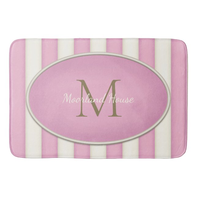Pink & Antique White Stripes Bronze Monogram Bath Mat (Front)