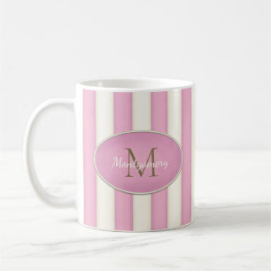 Pink & Antique White Stripes Bronze Monogram Coffee Mug