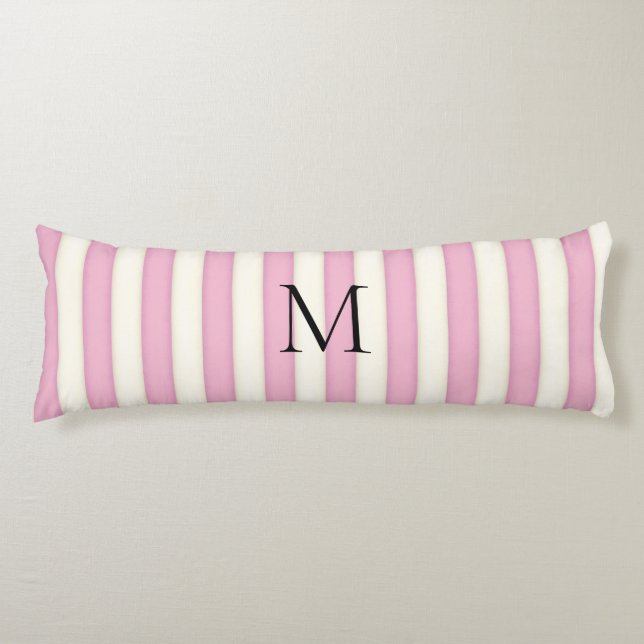 Pink & Antique White Stripes Monogrammed Body Pillow (Front)