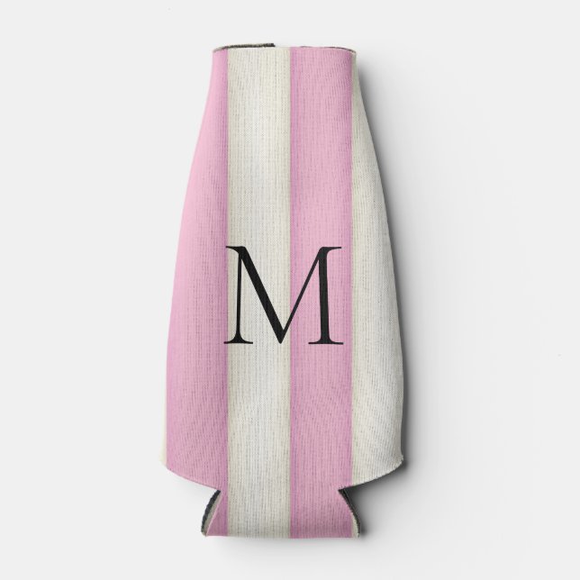 Pink & Antique White Stripes Monogrammed Bottle Cooler (Front)