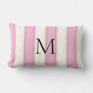 Pink & Antique White Stripes Monogrammed Lumbar Pillow