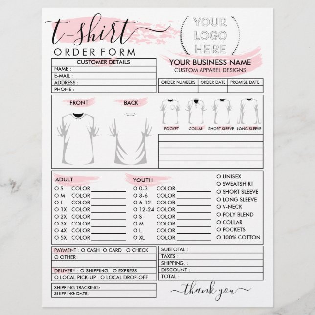 Pink Apparel T-shirt Print Order Form Flyer (Front)