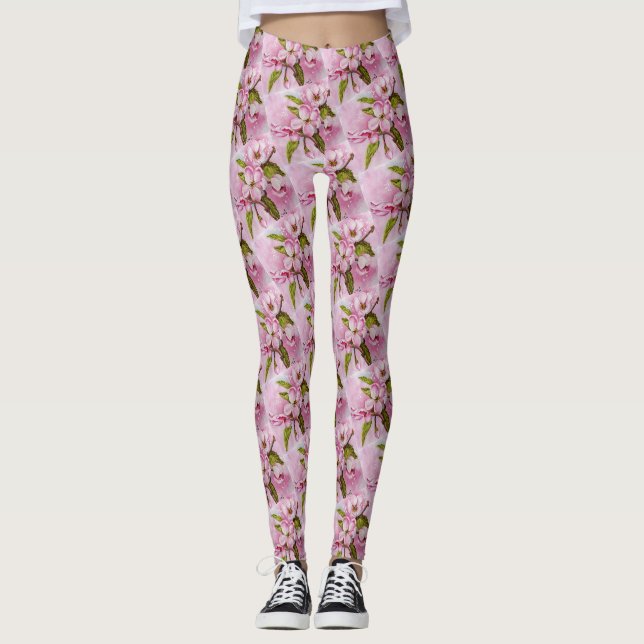 PINK APPLE BLOSSOM FLORAL LEGGINGS (Front)