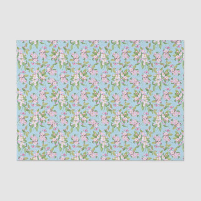 Pink Apple Blossom Floral Pattern on Sky Blue Tissue Paper (Front)