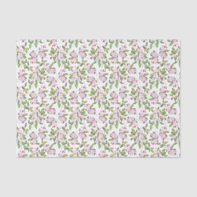 Pink Apple Blossom Floral Pattern on White Tissue Paper (Front)