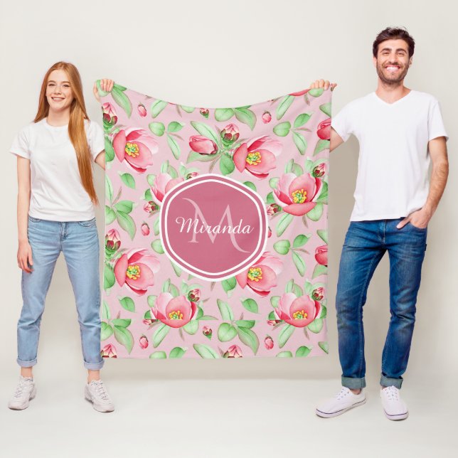 Pink Apple Blossom Monogram Fleece Blanket (In Situ)