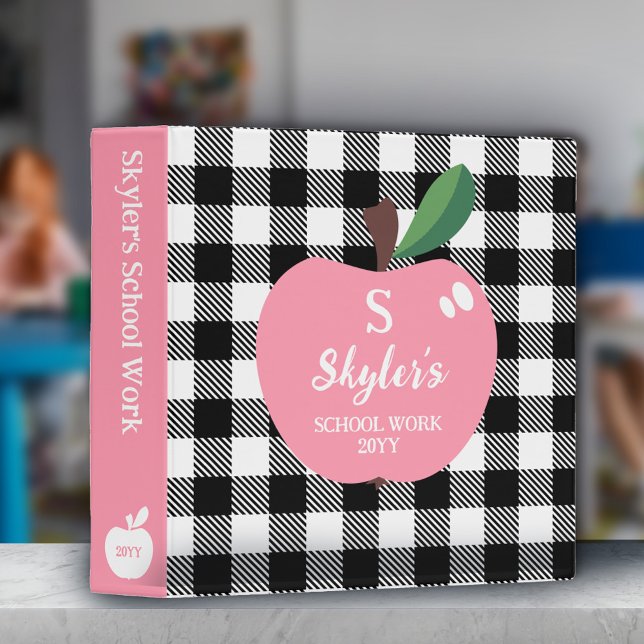 Pink Apple Buffalo Check Monogrammed School Work Binder (Creator Uploaded)