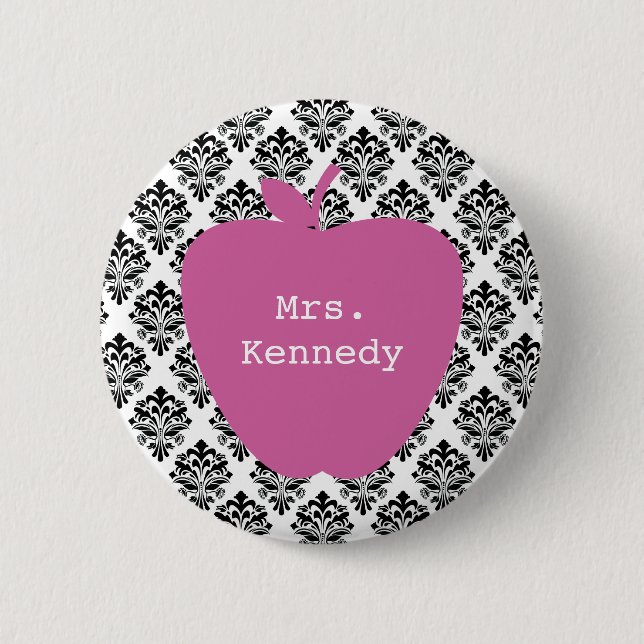 Pink Apple Damask Teacher 2 Inch Round Button (Front)