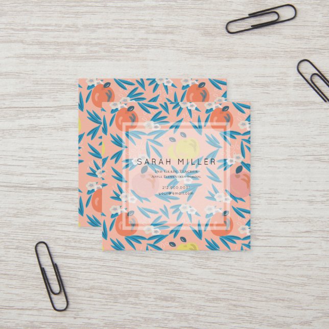 Pink Apple Floral Pattern Teacher Sq Business Card (Front/Back In Situ)