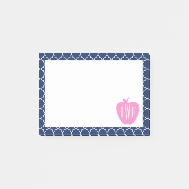 Pink Apple Navy Quatrefoil Monogram Teacher Post-it Notes (Front)