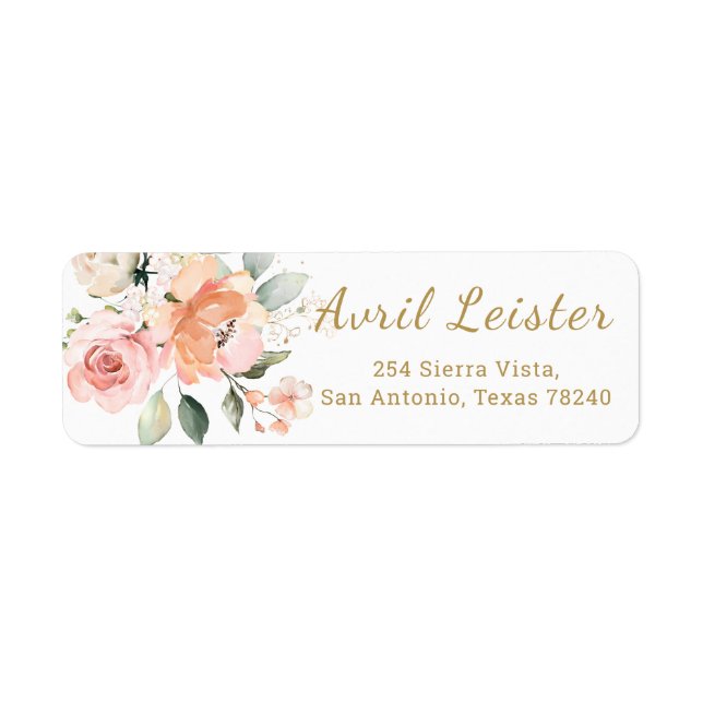 Pink Apricot Roses Foliage Return Address Label (Front)