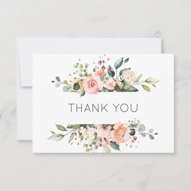 Pink apricot roses & greenery Thank You Card (Front)