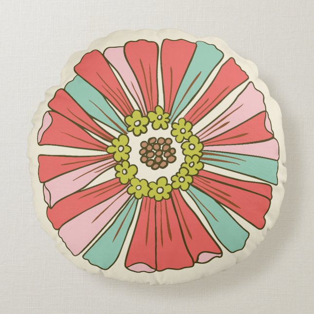 Pink & Aqua 70s Flower Round Pillow (Front)