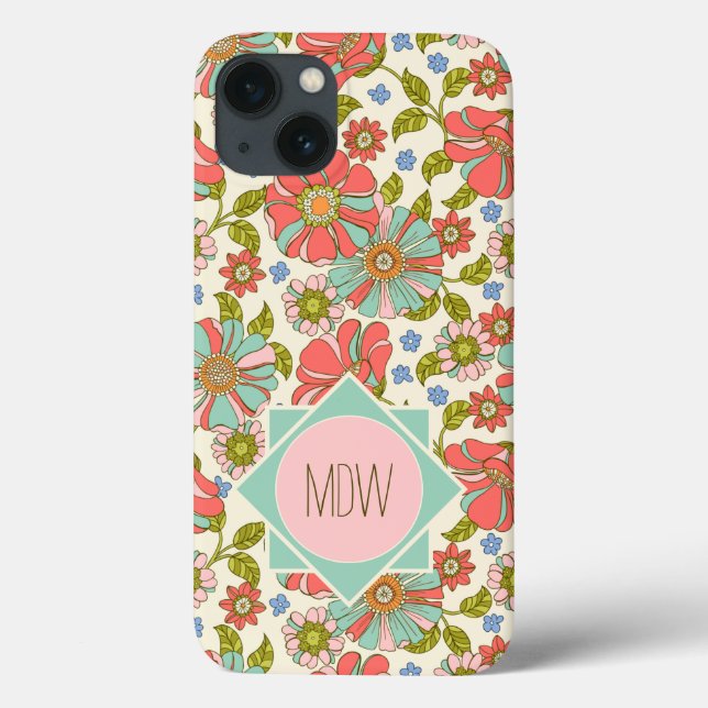 Pink Aqua 70s Retro Floral Personalized Case-Mate iPhone Case (Back)