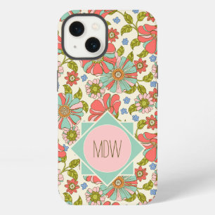 Pink Aqua 70s Retro Floral Personalized iPhone 13 Case