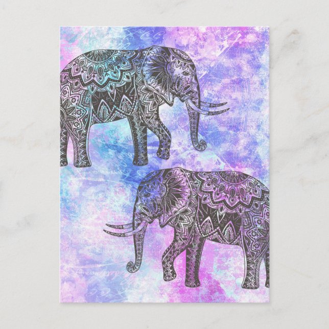Pink Aqua Black Elephant Bright Tribal Postcard (Front)