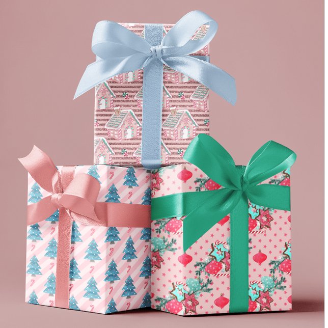 Pink Aqua Blue Colourful Christmas Trees Cookies Wrapping Paper Sheet (Creator Uploaded)
