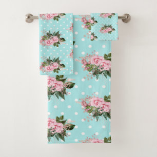 PINK AQUA BLUE FLORAL SPOT BATHROOM TOWEL SET