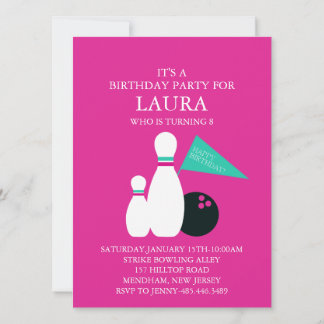 Pink & Aqua Bowling Party Birthday Invitation