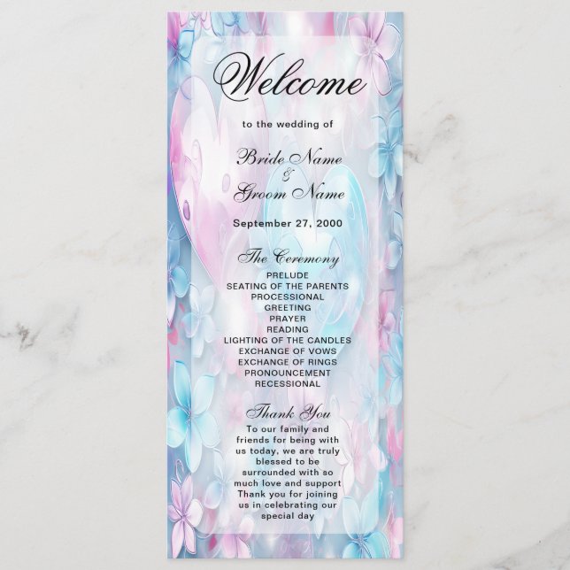 Pink Aqua Coeurs et Fleurs Programme de mariage (Devant)