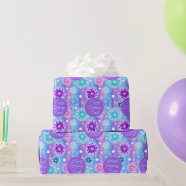 Pink Aqua Floral Abstract Pattern Personalize Name Wrapping Paper (Party Gifts)
