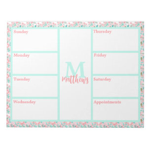 Pink & Aqua Floral Weekly Planner Notepad