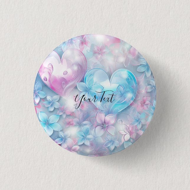 Pink Aqua Hearts and Flowers Button (Front)