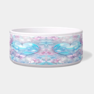 Pink Aqua Hearts and Flowers Ceramic Pet Bowl