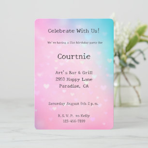 Pink Aqua Hearts Birthday Invitation