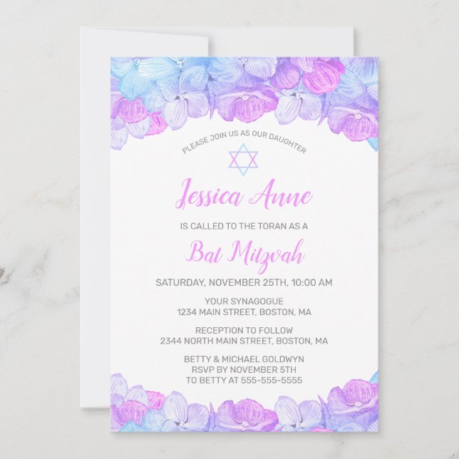 Pink Aqua Hydrangea Floral Watercolor Bat Mitzvah Invitation (Front)