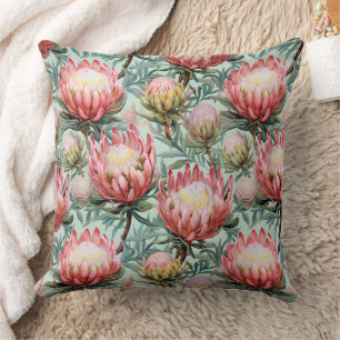 Pink Aqua Protea Flowers Fynbos Tiled Print Design Throw Pillow