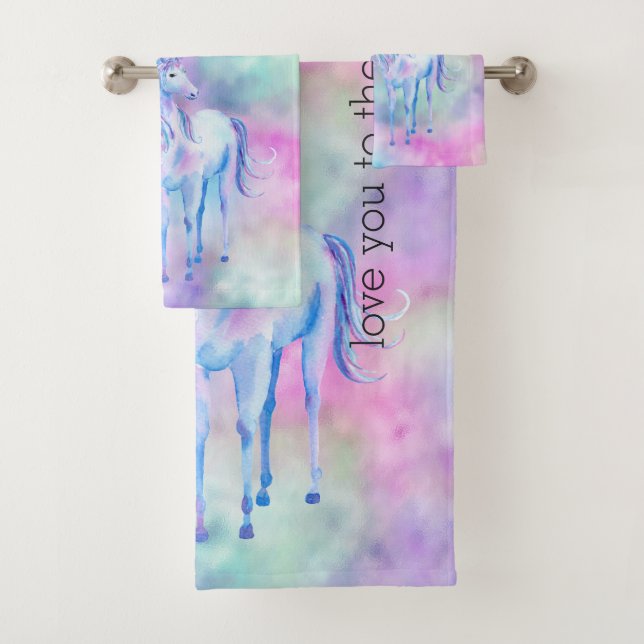 Pink Aqua Purple White Unicorn Sparkle        Bath Towel Set (Insitu)
