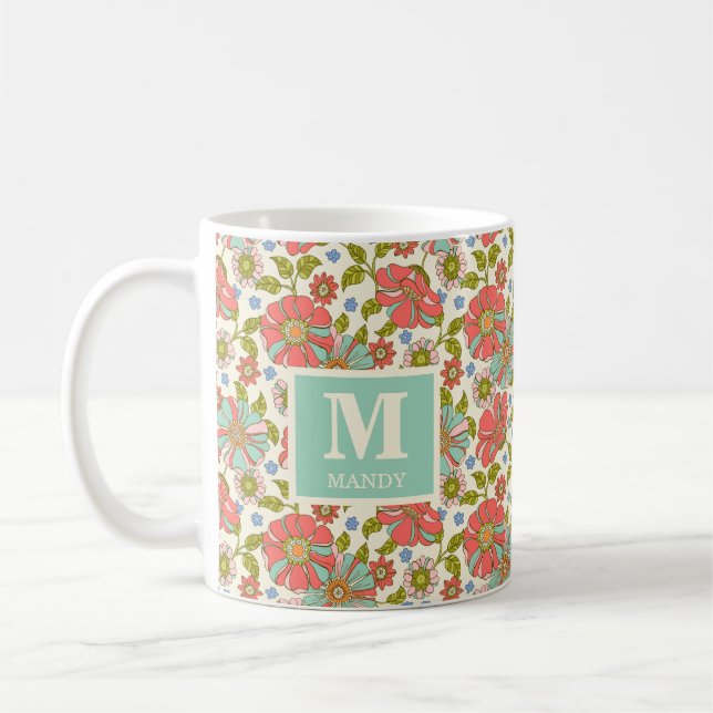 Pink & Aqua Retro Floral Coffee Mug (Left)