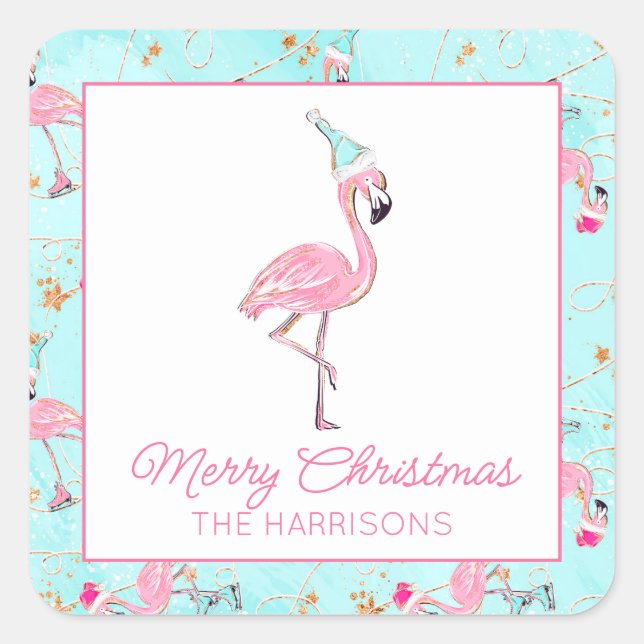 Pink & Aqua Santa Flamingo Beach Christmas Gift Square Sticker (Front)