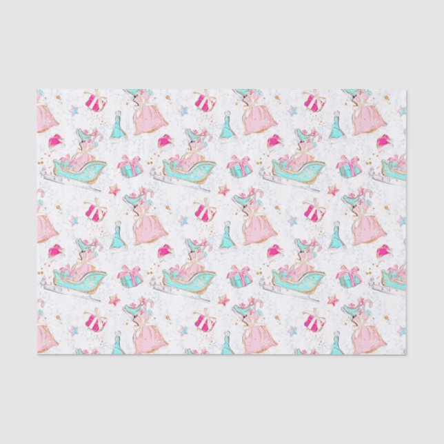 Pink & Aqua Skating & Santa Bags Christmas Tissue Paper (Front)