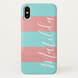 Pink Aqua Stripe Personalized Name Case-Mate iPhone Case