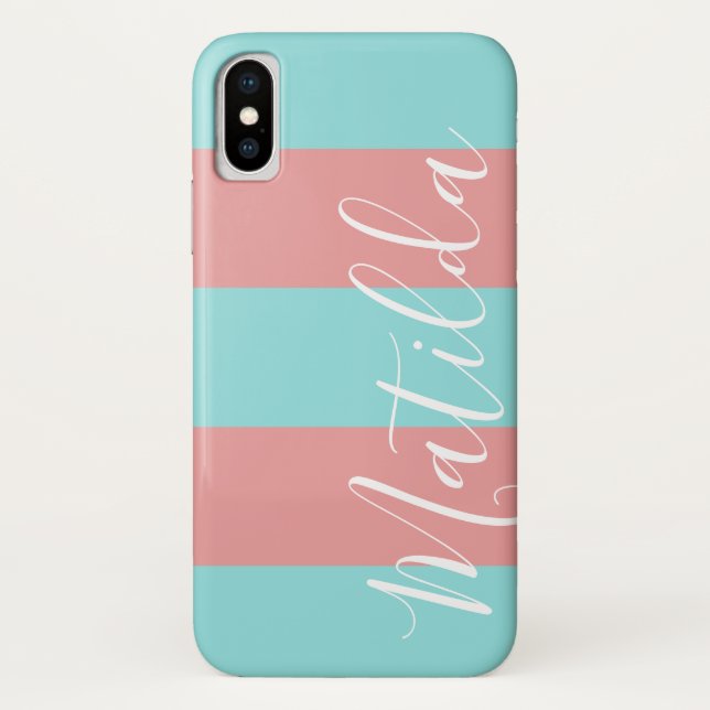 Pink Aqua Stripe Personalized Name Case-Mate iPhone Case (Back)